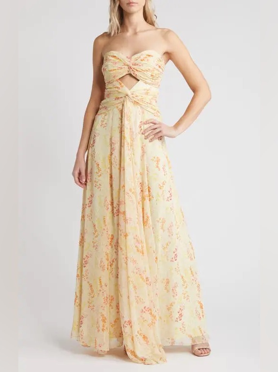 Likely Clea Yellow Metallic Floral Maxi Evening Dress 12